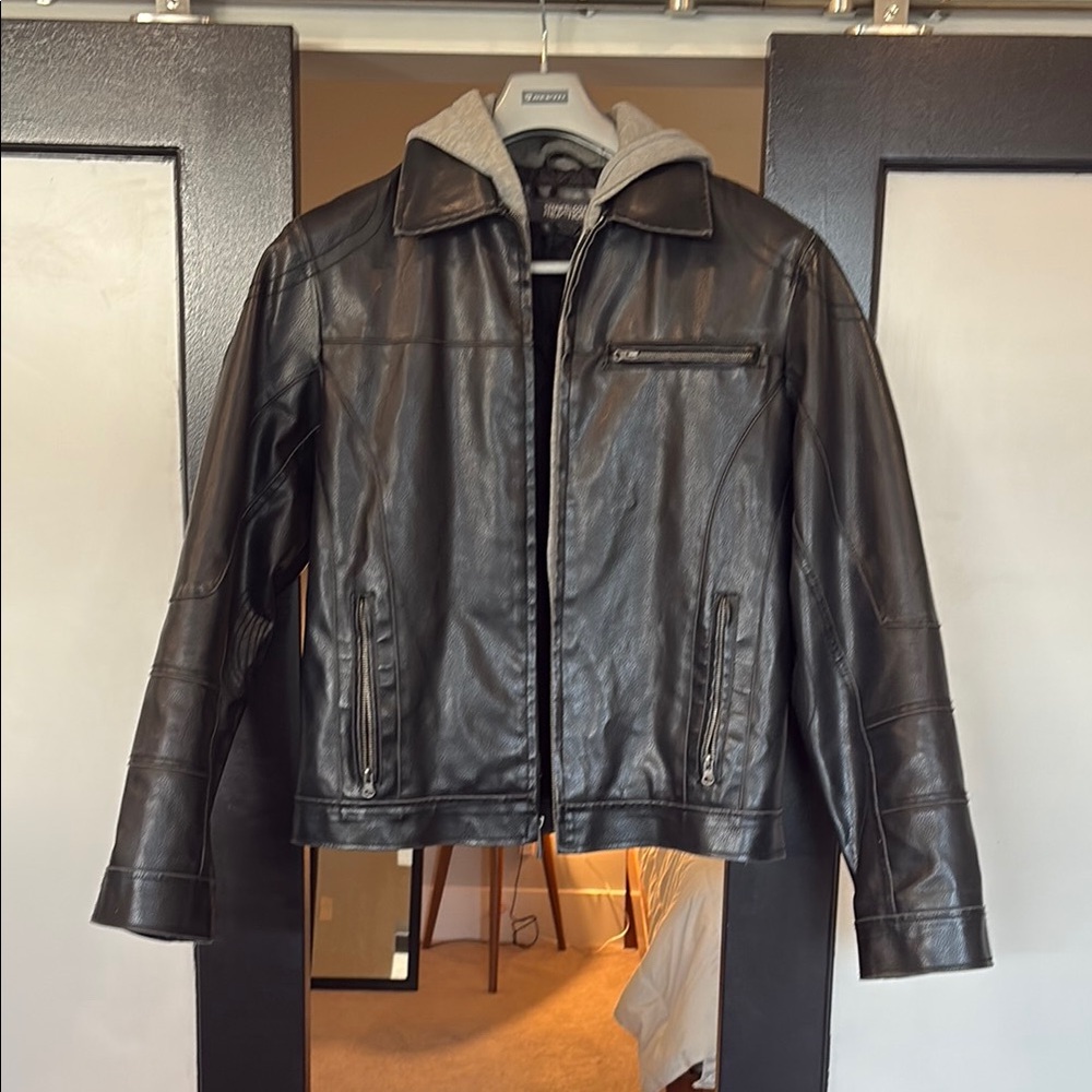 Kenneth Cole Reaction Black Faux Leather Jacket with Gray Hood